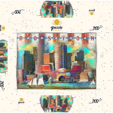 Darstellung des Puzzle Motivs Vintage Boston Harbor Skyline – Patriotic Retro City Art 200 Puzzle Schachtel 3D Modell