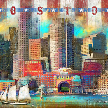 Darstellung des Puzzle Motivs Vintage Boston Harbor Skyline – Patriotic Retro City Art 500 Puzzle 3D Modell