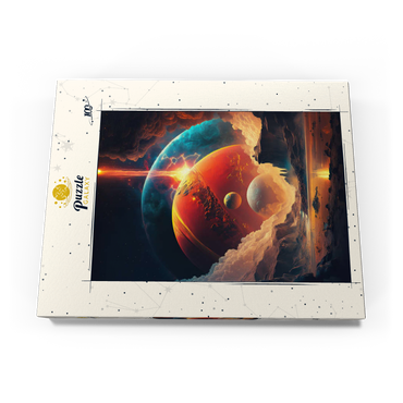 Darstellung des Puzzle Motivs Cosmic Collision Over Alien Landscape 100 Puzzle Schachtel Ansicht3