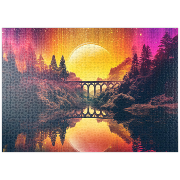 Darstellung des Puzzle Motivs puzzleplate Surreal Bridge Over River with Giant Golden Moon 1000 Puzzle