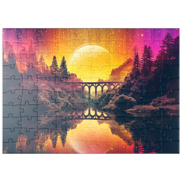 Darstellung des Puzzle Motivs puzzleplate Surreal Bridge Over River with Giant Golden Moon 100 Puzzle