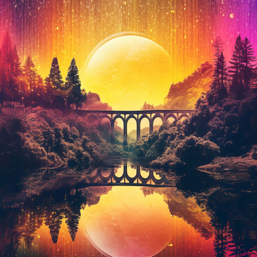 Darstellung des Puzzle Motivs Surreal Bridge Over River with Giant Golden Moon 100 Puzzle 3D Modell