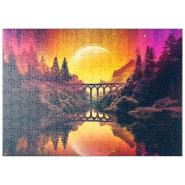 Darstellung des Puzzle Motivs puzzleplate Surreal Bridge Over River with Giant Golden Moon 200 Puzzle