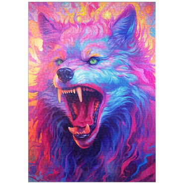 Darstellung des Puzzle Motivs puzzleplate Fierce Multicolored Wolf with Fiery Expression 1000 Puzzle