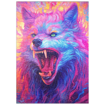 Darstellung des Puzzle Motivs puzzleplate Fierce Multicolored Wolf with Fiery Expression 500 Puzzle