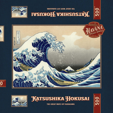 Darstellung des Puzzle Motivs The Great Wave off Kanagawa, Katsushika Hokusai - Iconic Japanese Art 500 Puzzle Schachtel 3D Modell