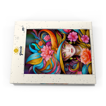 Darstellung des Puzzle Motivs Vibrant Floral Lady with Exotic Elegance 100 Puzzle Schachtel Ansicht3