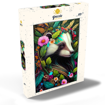 Darstellung des Puzzle Motivs Floral Crowned Badger in Enchanted Forest 100 Puzzle Schachtel Ansicht2