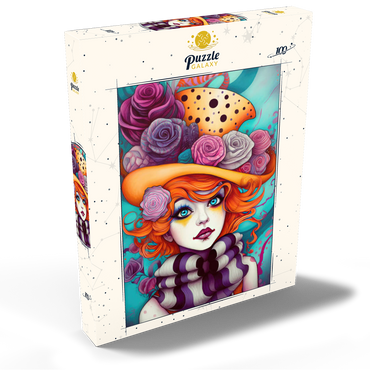 Darstellung des Puzzle Motivs Whimsical Portrait of a Woman with Orange Hair and Floral Hat 100 Puzzle Schachtel Ansicht2