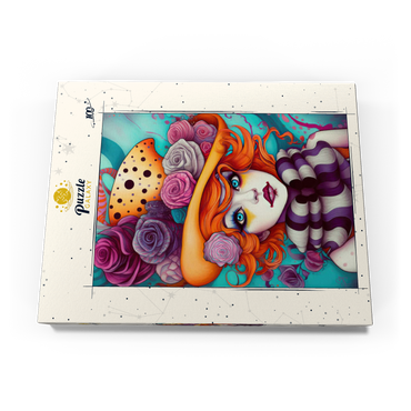 Darstellung des Puzzle Motivs Whimsical Portrait of a Woman with Orange Hair and Floral Hat 100 Puzzle Schachtel Ansicht3