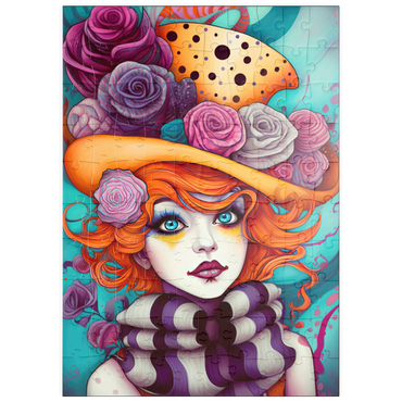 Darstellung des Puzzle Motivs puzzleplate Whimsical Portrait of a Woman with Orange Hair and Floral Hat 100 Puzzle