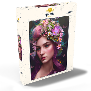 Darstellung des Puzzle Motivs Elegant Woman with Floral Crown and Butterfly Accents 100 Puzzle Schachtel Ansicht2