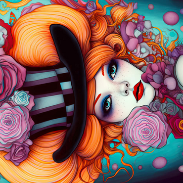 Darstellung des Puzzle Motivs Whimsical Woman with Striped Top Hat and Floral Accents 200 Puzzle 3D Modell