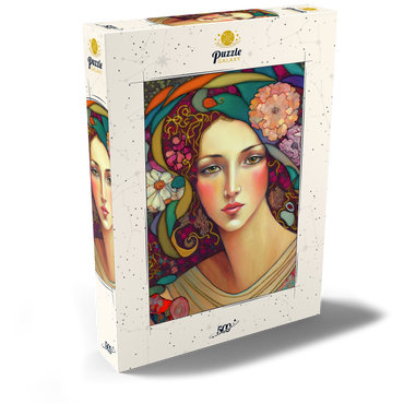 Darstellung des Puzzle Motivs Art Nouveau Woman with Floral and Gold Accents 500 Puzzle Schachtel Ansicht2