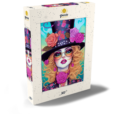 Darstellung des Puzzle Motivs Retro Glamour Woman with Floral Top Hat 500 Puzzle Schachtel Ansicht2