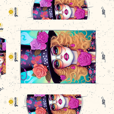 Darstellung des Puzzle Motivs Retro Glamour Woman with Floral Top Hat 500 Puzzle Schachtel 3D Modell