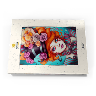 Darstellung des Puzzle Motivs Whimsical Woman with Striped Top Hat and Floral Accents 1000 Puzzle Schachtel Ansicht3