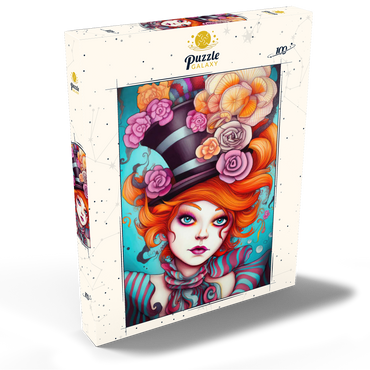 Darstellung des Puzzle Motivs Whimsical Woman with Striped Top Hat and Floral Accents 100 Puzzle Schachtel Ansicht2