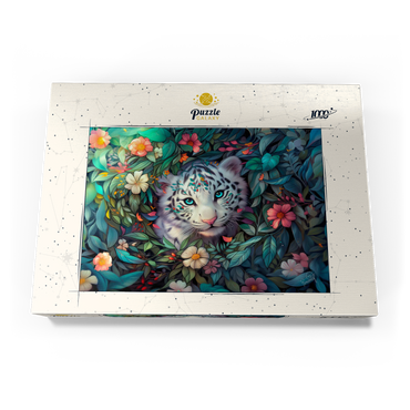 Darstellung des Puzzle Motivs White Tiger Cub Surrounded by Vibrant Jungle Flowers 1000 Puzzle Schachtel Ansicht3
