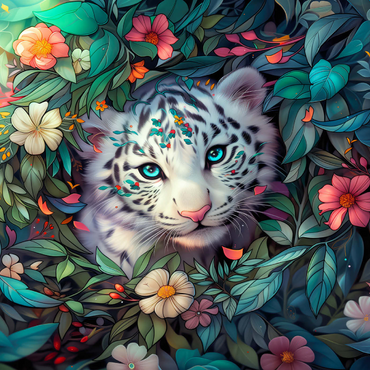Darstellung des Puzzle Motivs White Tiger Cub Surrounded by Vibrant Jungle Flowers 1000 Puzzle 3D Modell