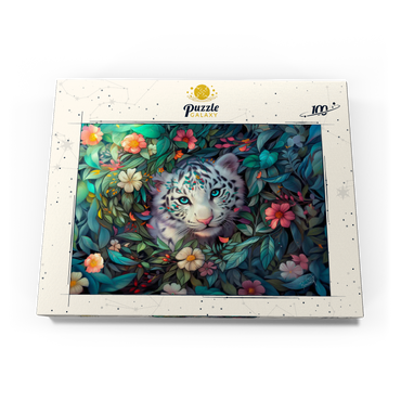 Darstellung des Puzzle Motivs White Tiger Cub Surrounded by Vibrant Jungle Flowers 100 Puzzle Schachtel Ansicht3