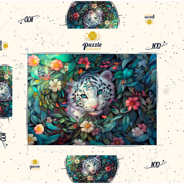 Darstellung des Puzzle Motivs White Tiger Cub Surrounded by Vibrant Jungle Flowers 100 Puzzle Schachtel 3D Modell