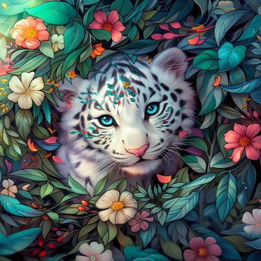 Darstellung des Puzzle Motivs White Tiger Cub Surrounded by Vibrant Jungle Flowers 200 Puzzle 3D Modell