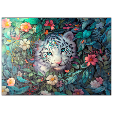 Darstellung des Puzzle Motivs puzzleplate White Tiger Cub Surrounded by Vibrant Jungle Flowers 500 Puzzle