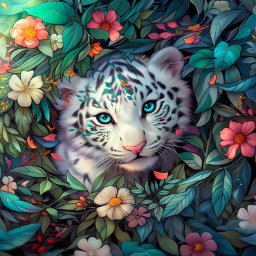 Darstellung des Puzzle Motivs White Tiger Cub Surrounded by Vibrant Jungle Flowers 500 Puzzle 3D Modell