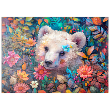 Darstellung des Puzzle Motivs puzzleplate Adorable White Bear Cub Surrounded by Vibrant Flowers 100 Puzzle