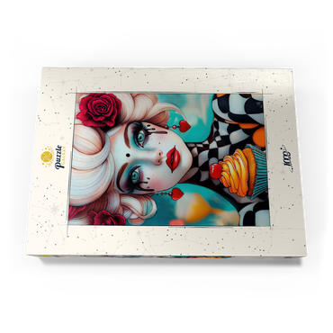 Darstellung des Puzzle Motivs Whimsical Woman with Cupcake and Surreal Makeup 1000 Puzzle Schachtel Ansicht3