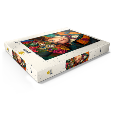 Darstellung des Puzzle Motivs Whimsical Steampunk Gentleman with Floral and Clock-Adorned Hat 100 Puzzle Schachtel Ansicht1