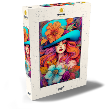 Darstellung des Puzzle Motivs Floral Crowned Woman in Cyan Hat 1000 Puzzle Schachtel Ansicht2