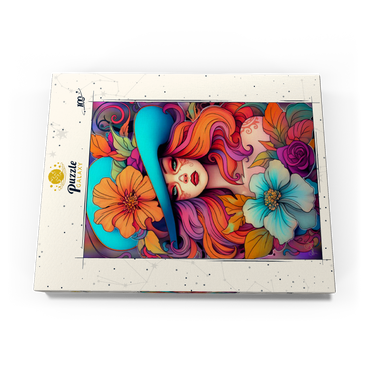 Darstellung des Puzzle Motivs Floral Crowned Woman in Cyan Hat 100 Puzzle Schachtel Ansicht3