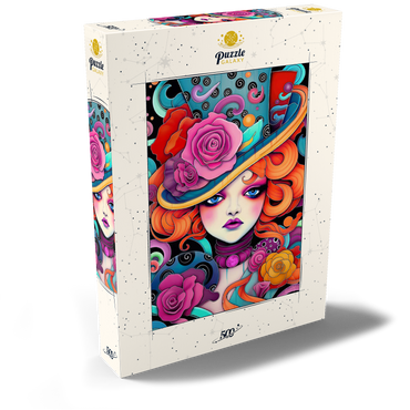 Darstellung des Puzzle Motivs Whimsical Redhead in Rose-Embellished Hat 500 Puzzle Schachtel Ansicht2