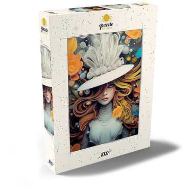 Darstellung des Puzzle Motivs Mystical Woman in Feathered White Hat 1000 Puzzle Schachtel Ansicht2