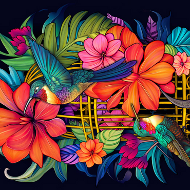 Darstellung des Puzzle Motivs Colorful Hummingbirds with Tropical Flowers 100 Puzzle 3D Modell