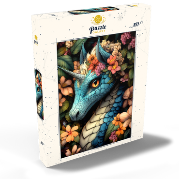 Darstellung des Puzzle Motivs Majestic Blue Dragon with Floral Crown in a Fantasy Forest 100 Puzzle Schachtel Ansicht2
