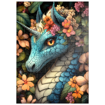 Darstellung des Puzzle Motivs puzzleplate Majestic Blue Dragon with Floral Crown in a Fantasy Forest 100 Puzzle