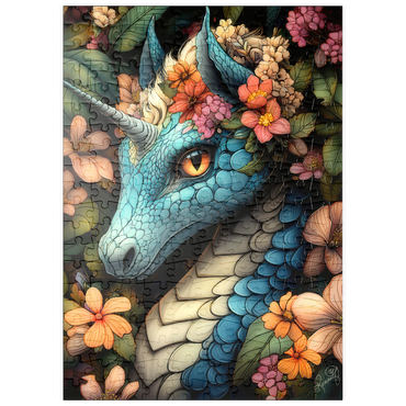 Darstellung des Puzzle Motivs puzzleplate Majestic Blue Dragon with Floral Crown in a Fantasy Forest 200 Puzzle