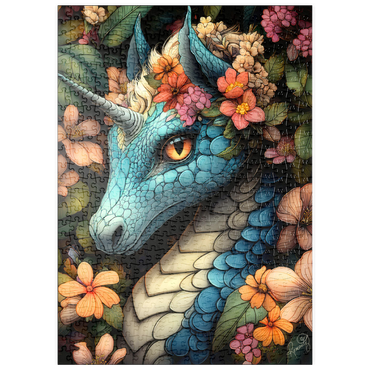 Darstellung des Puzzle Motivs puzzleplate Majestic Blue Dragon with Floral Crown in a Fantasy Forest 500 Puzzle