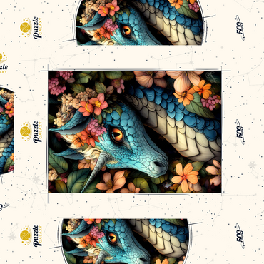 Darstellung des Puzzle Motivs Majestic Blue Dragon with Floral Crown in a Fantasy Forest 500 Puzzle Schachtel 3D Modell