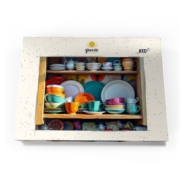 Darstellung des Puzzle Motivs Colorful Ceramic Dishware Set in Rustic Kitchen Cabinet 1000 Puzzle Schachtel Ansicht3