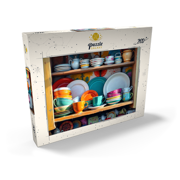 Darstellung des Puzzle Motivs Colorful Ceramic Dishware Set in Rustic Kitchen Cabinet 200 Puzzle Schachtel Ansicht2