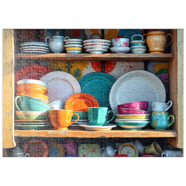 Darstellung des Puzzle Motivs puzzleplate Colorful Ceramic Dishware Set in Rustic Kitchen Cabinet 200 Puzzle