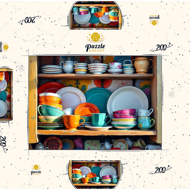 Darstellung des Puzzle Motivs Colorful Ceramic Dishware Set in Rustic Kitchen Cabinet 200 Puzzle Schachtel 3D Modell