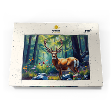 Darstellung des Puzzle Motivs Majestic Deer in a Sunlit Forest with Wildflowers 1000 Puzzle Schachtel Ansicht3