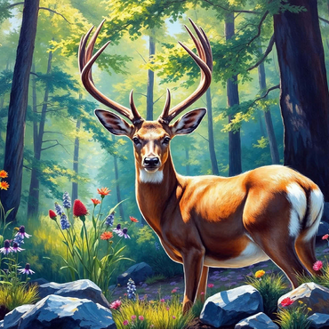 Darstellung des Puzzle Motivs Majestic Deer in a Sunlit Forest with Wildflowers 100 Puzzle 3D Modell