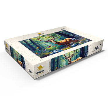 Darstellung des Puzzle Motivs Majestic Deer in a Sunlit Forest with Wildflowers 500 Puzzle Schachtel Ansicht1