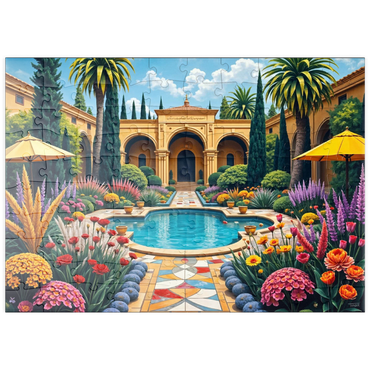 Darstellung des Puzzle Motivs puzzleplate Mediterranean Courtyard Garden with Pool and Colorful Flowers 100 Puzzle